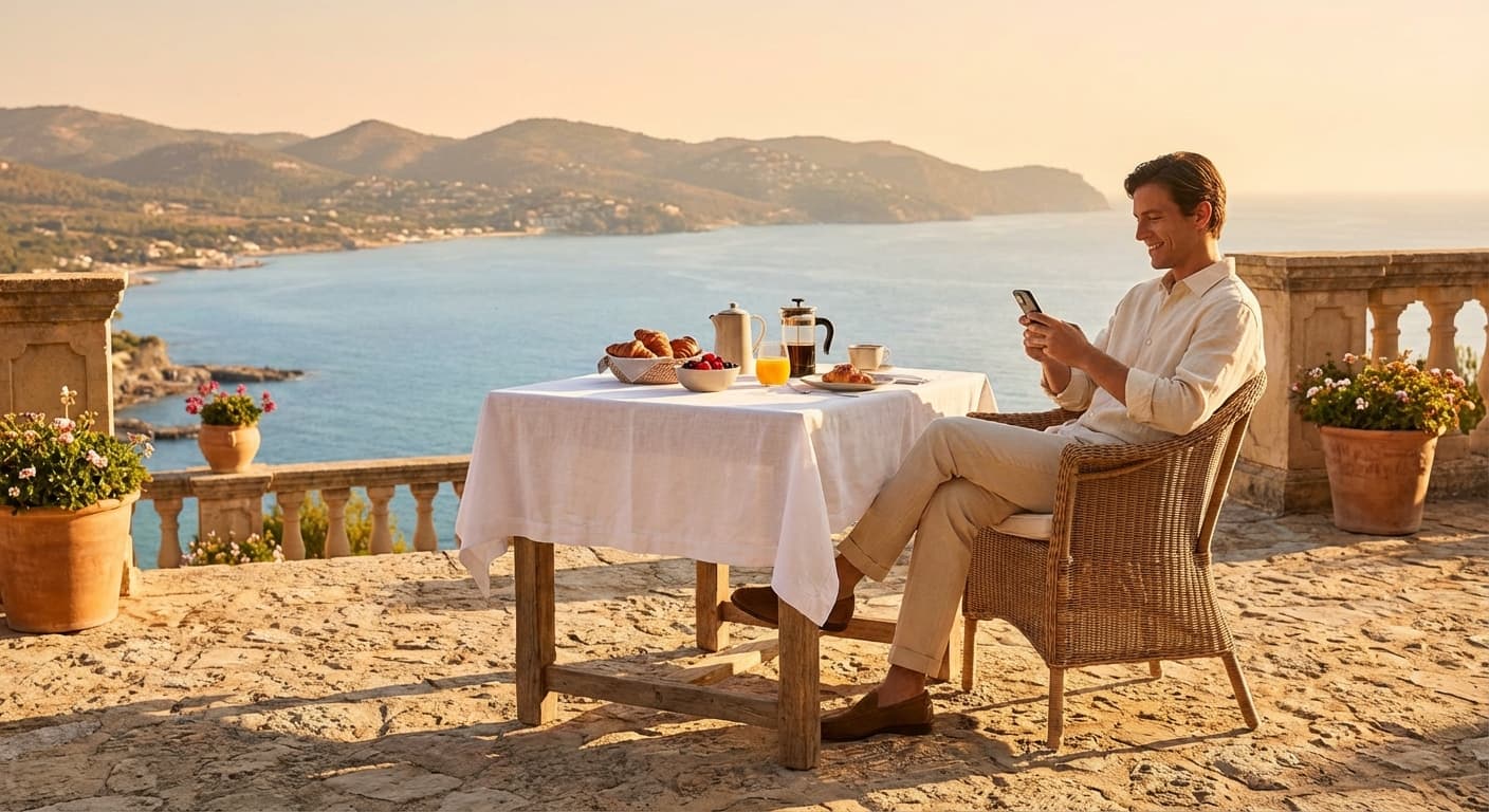 Receiving property alerts on a Mediterranean terrace